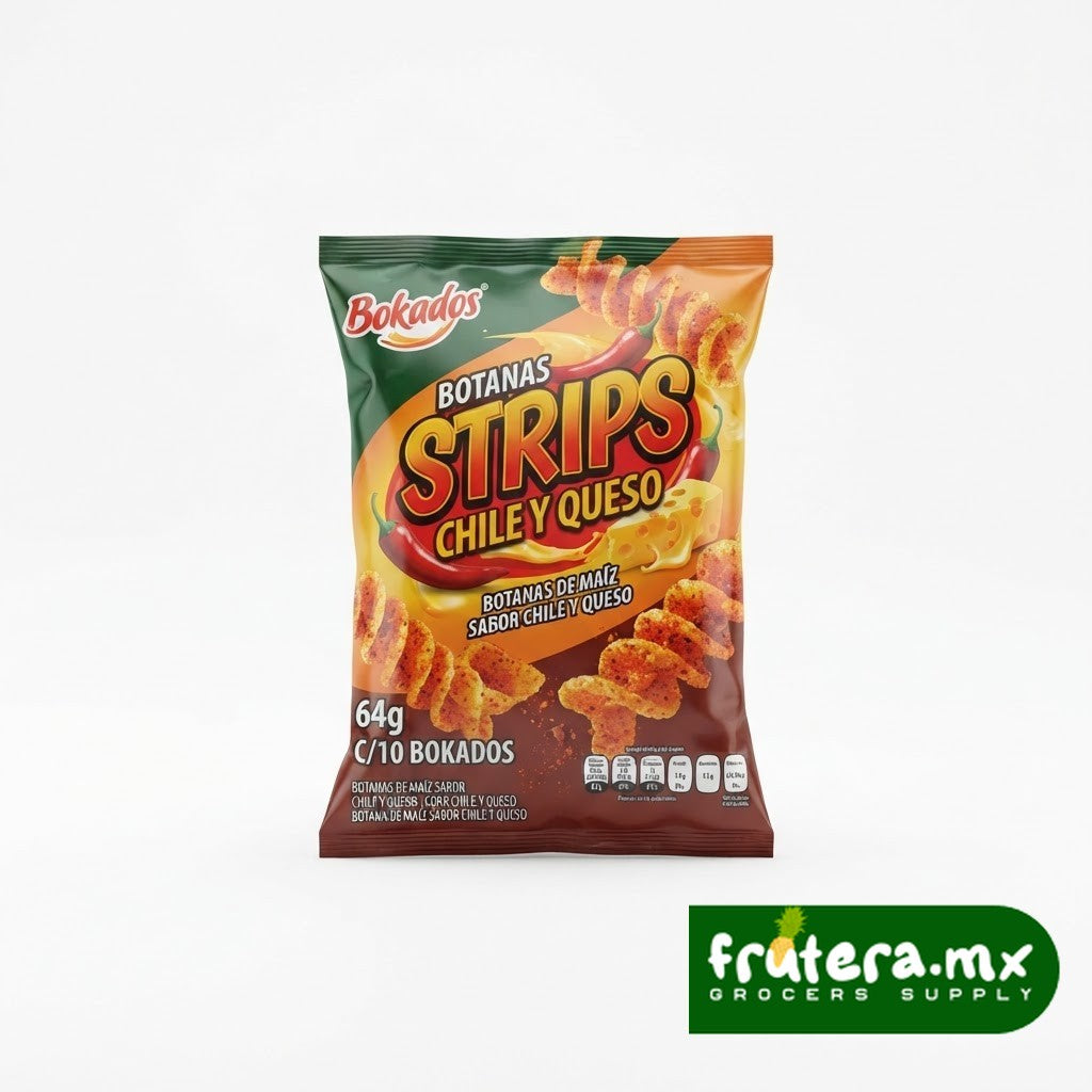 F9 BOTANAS STRIPS CHILE Y QUESO 64GR. C/10 BOKADOS